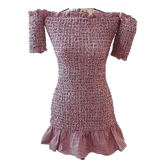 Petersyn Mini Benson Gingham Off-Shoulder Dress XS Red/White NWT - Picture 4 of 15